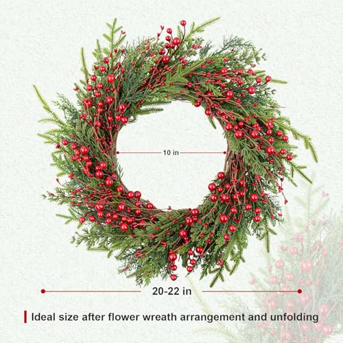 20-Inch Classic Christmas Wreath with Red Berries & Norfolk Pine - Rustic Front Door Decor