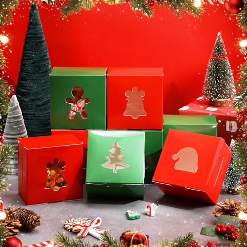 AmazingSpark 48 Pack Christmas Cookie Boxes with Windows - Red & Green Bakery Gift Cases for Holiday Treats