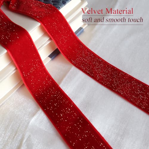 Red Velvet Ribbon Bows for Christmas Decorations, Gold Threaded, 12Pcs