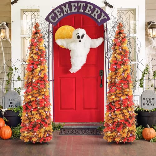 5FT Pre-Lit Fall Pop Up Tinsel Pencil Tree with Timer - Autumn Decor