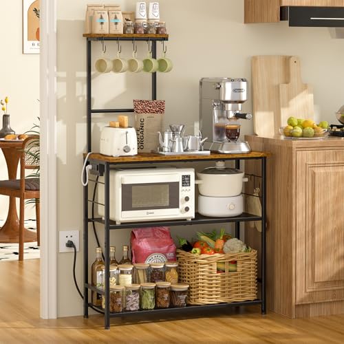 4-Tier Bakers Rack with Power Outlet, 33-Inch Microwave Stand & Coffee Bar