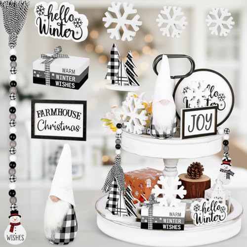 Yinder 11-Piece Winter Tiered Tray Decor Set, Wooden Farmhouse Table Signs