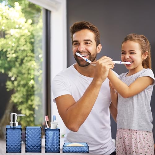 4-Piece Blue Bathroom Accessory Set with Diamond Pattern Design