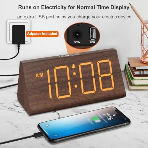 Wooden Digital Alarm Clock with Large Display, USB Charging Port & Dimmer