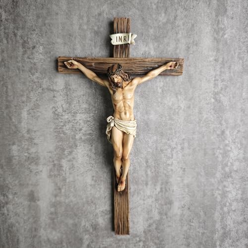 10-Inch Crucifix Wall Cross - Hand-Painted Stone Resin Religious Art