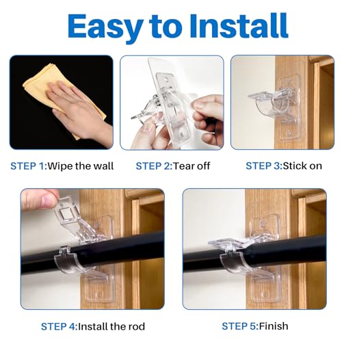 No-Drill Self-Adhesive Curtain Rod Holders, Clear Stick-On Brackets (6-Pack)