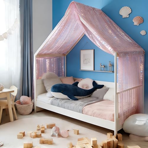 Pink Star Moon Bed Canopy Sheer Tulle Curtain for Kids Room 60 x 158 Inches