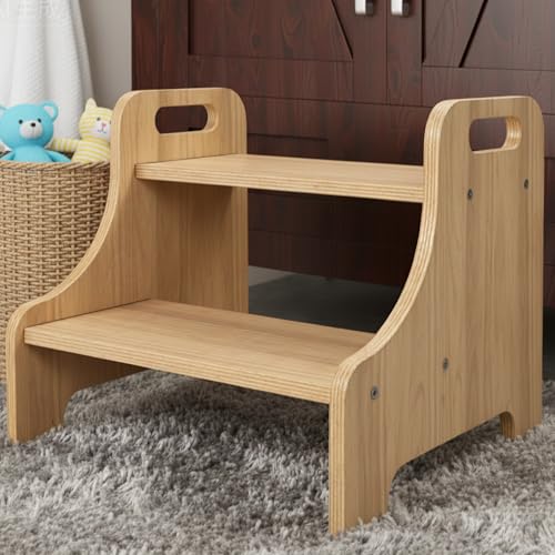 2-Step Toddler Stool with Handles - Wooden Kitchen Helper & Potty Stool