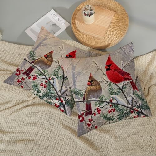 GOLIANDA Red Bird 18x18 Inch Christmas Pillow Covers Set of 2 Linen Holiday Decor