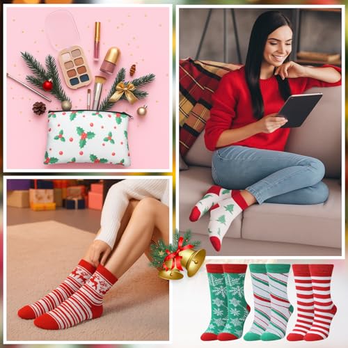 Vesici 8-Piece Xmas Gift Set: 4 Red & 4 Green Glitter Tumbler Cups, 8 Makeup Bags, 8 Pairs Christmas Socks (Red/Green Tree)