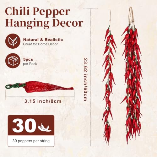 Artificial Chili Pepper String Garland, 5-Bunch Fake Vegetable Kitchen Decor