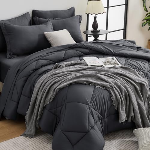 HEVUMYI 7-Piece Queen Comforter Set Dark Gray Reversible Bed in a Bag