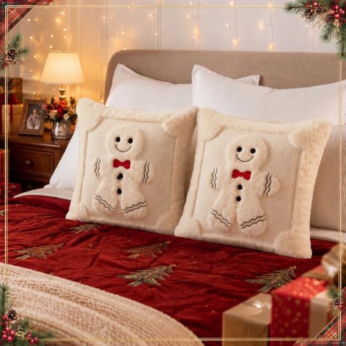2 Pcs 18x18 Gingerbread Christmas Pillow Covers - 3D Embroidered Velvet - White (Pack of 2)
