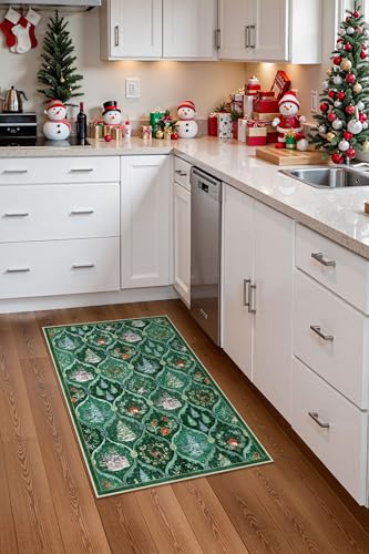 Lahome 2x3 Green Multi Christmas Entryway Rug Non-Slip Faux Wool Vintage Style