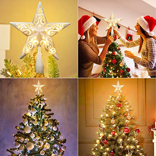 Silver Glitter Lighted Christmas Tree Topper - 3D Double-Sided Star
