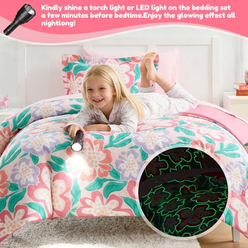 Full Size Glow in the Dark Comforter Set for Kids Floral 76x86" - 5 Piece Bedding