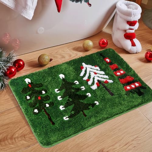Christmas Bathroom Rug - Non-Slip Green Christmas Tree Bath Mat, Absorbent & Washable, 20x31 inches