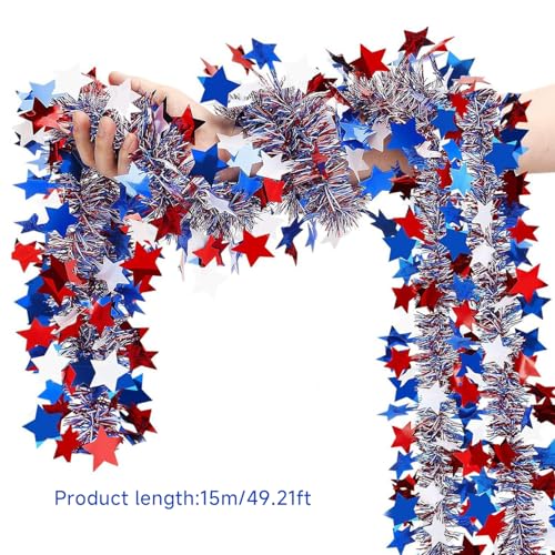 50ft 4th of July Patriotic Star Garland - Red White Blue Metallic Tinsel