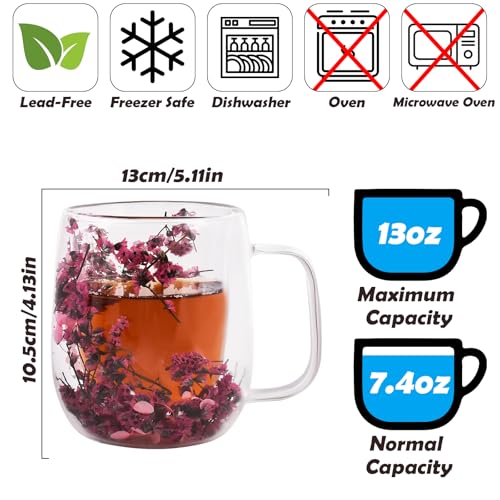 Pink Preserved Flower Double Wall Glass Coffee Mug 13oz - Gift for Women