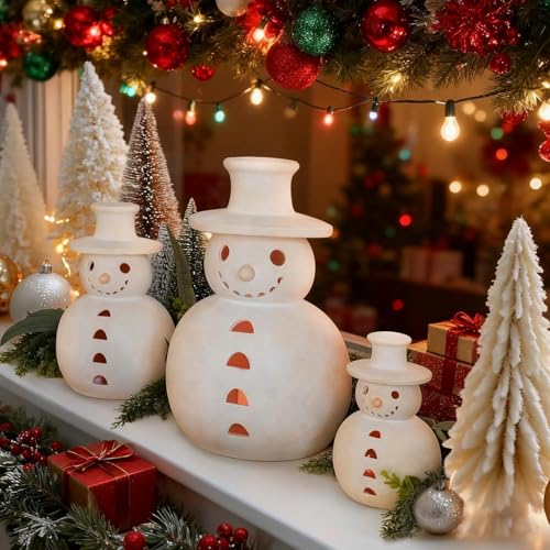 Handmade Terracotta Snowman Figurine - Rustic Christmas Decor & Tealight Holder