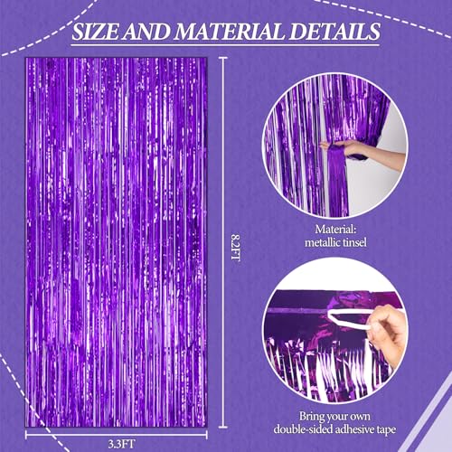 Purple Foil Fringe Backdrop 3-Pack - 3.3x8.2 FT Metallic Tinsel Curtains