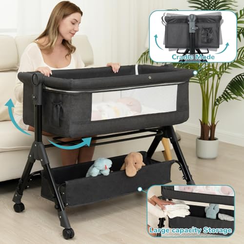 3-in-1 Portable Baby Bassinet & Bedside Sleeper with Wheels - Dark Grey