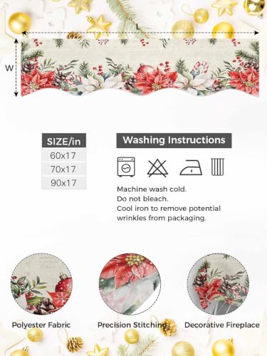 Dayforbarley Christmas Red Poinsettia Mantel Scarf 90x17 Inches with Beige, Green & Red Variation