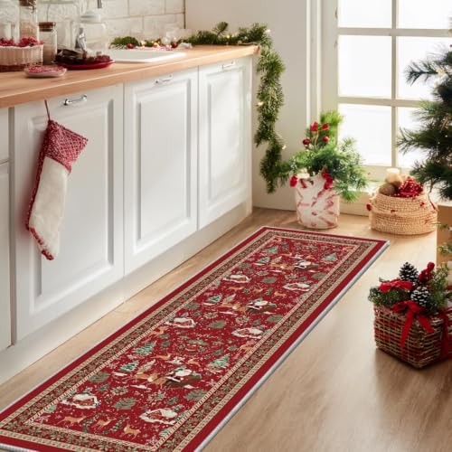 Artoid Mode 2' x 6' Red Santa Claus Deer Christmas Runner Rug – Low-Profile Non-Slip Washable Hallway Carpet