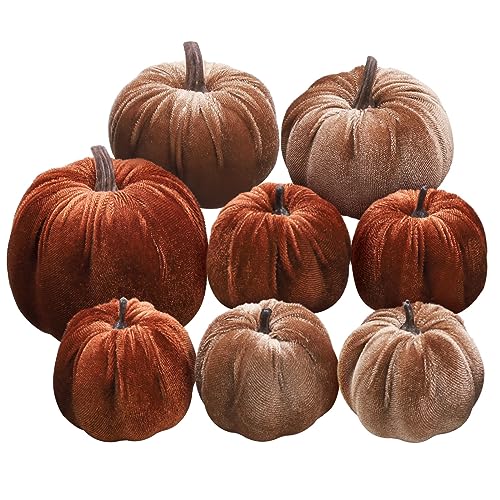 8-Piece Artificial Velvet Pumpkin Set, Brown & Champagne Fabric Fall Decor