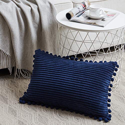 Boho Corduroy Lumbar Throw Pillow Covers with Pom-Poms, 12x20 Inch, Set of 2