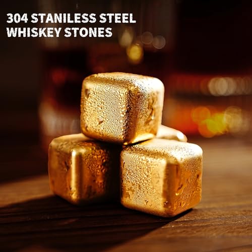 Hgsoor Gold Stones Whiskey Gift Set for Men with 2 Ribbed Bourbon Glasses & Chillers
