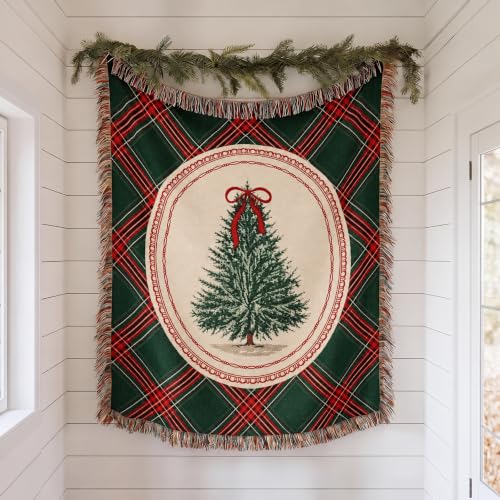 Retro Christmas Tree Woven Blanket - Green Tartan Plaid Throw 50x60
