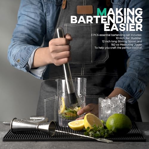 Homestia 3-Piece Cocktail Bartender Set with Double Jigger, Muddler & Bar Spoon - Silver Variation