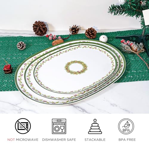 TP Christmas Serving Platter Set - 3 Melamine Trays for Snacks, Cookies, Candy, Oval 16 x 12 inches, Green & White