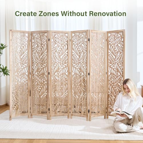 6-Panel Leaf-Carved Wood Room Divider, 67-Inch Foldable Privacy Screen