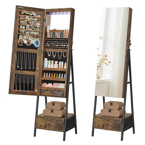 Standing Jewelry Armoire with Full-Length Mirror and LED Interior Lights