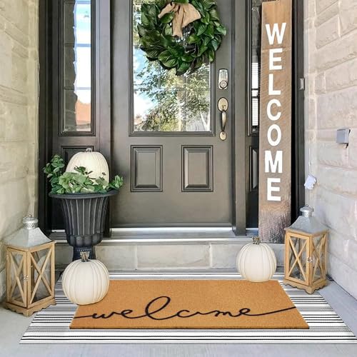 2-Piece Layered Welcome Doormat Set, Non-Slip Striped Farmhouse Porch Rug