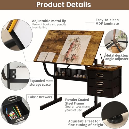Adjustable Drafting Table with 3 Drawers and Stool, Brown Art Workstation