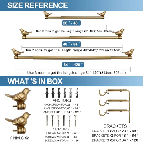 Adjustable Decorative Bird Curtain Rod Set, 3/4-Inch, 48 to 84 Inches