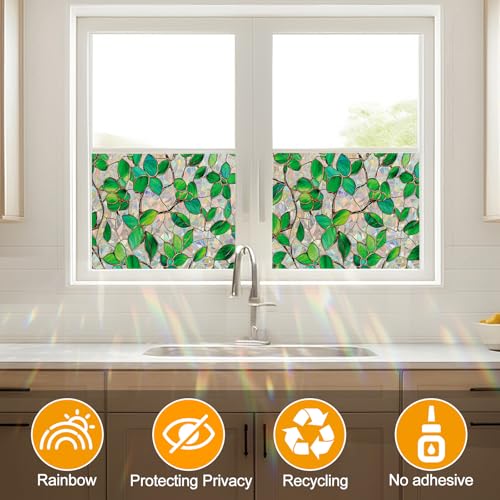 Decorative Rainbow Window Privacy Film - Green Leaf Design, 17.5 x 78.7 in