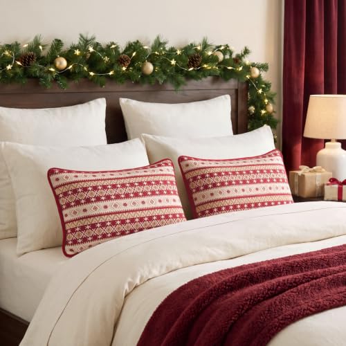 Kevin Textile Christmas Lumbar Pillow Cover 20x12in Red with Velvet Piping, Snowflake Design