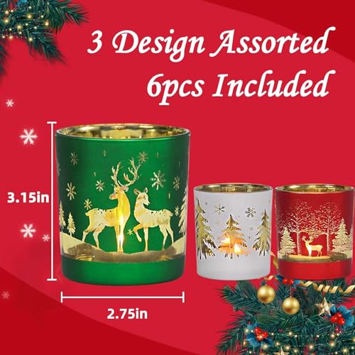 Christmas Glass Votive Candle Holders Set of 6 - Festive Tealight Holders