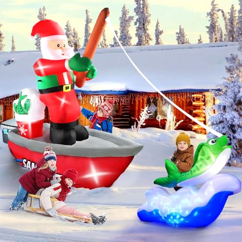 Kalolary 15FT Christmas Inflatable Santa Fishing with LED Lights - Holiday Yard Decor