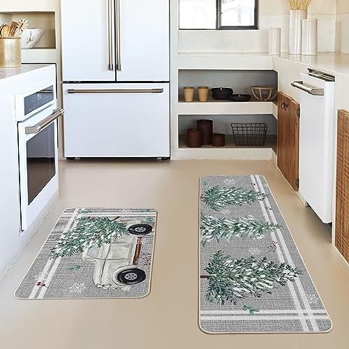 Artoid Mode Pine Holly Christmas Kitchen Rugs Set of 2, 17x29 & 17x47 inches