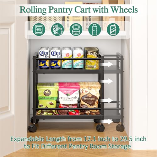 2-Tier Expandable Rolling Pantry Cart with Wheels - Adjustable Storage Cart