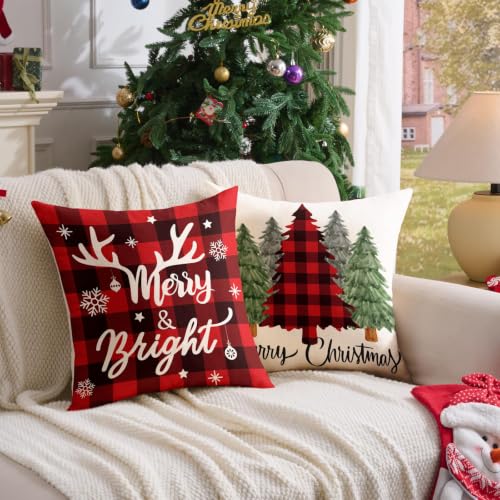 YOSICHY Set of 4 Buffalo Plaid Christmas Pillow Covers 16x16 Inches - Farmhouse Holiday Decor