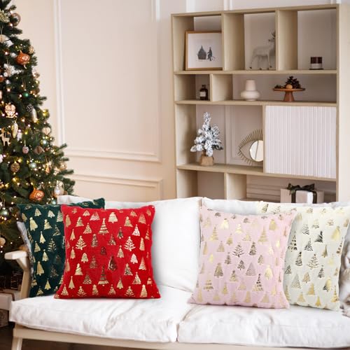 Amyhill Christmas Pillow Covers 18 x 18'' Set of 2 Double Sided Christmas Tree Pillow Cover Soft Plush Faux Fur Pillowcases for Couch Living Room Bed(Red)