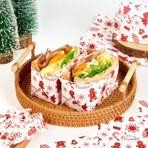 Ocmoiy Christmas Wax Paper Sheets 10x10 Inches Red Christmas Pattern 100 Pack