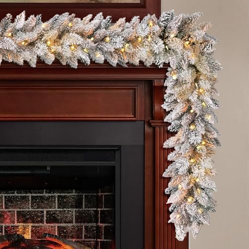 Snow Flocked 9ft Battery-Operated Pre-Lit Christmas Garland with Warm LEDs