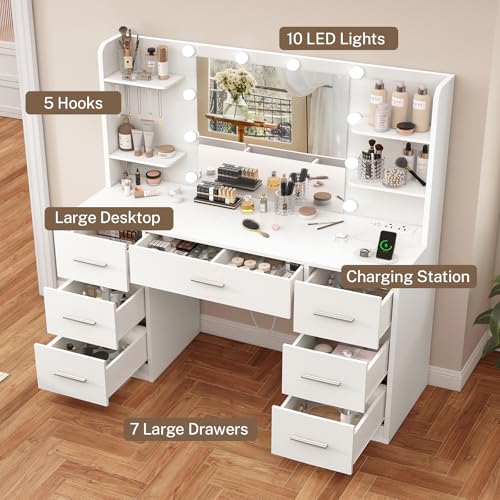 White Vanity Desk with LED Mirror, Charging Station and 7 Drawers